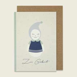 ava&yves Klappkarte Zwerg, blau – “Zur Geburt”
