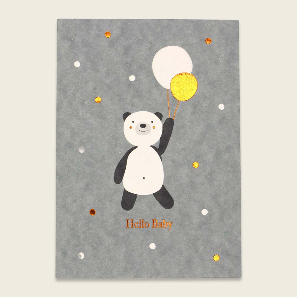 Ava&Yves Postkarte Panda mit Luftballons, Kupferfolie – Hello Baby