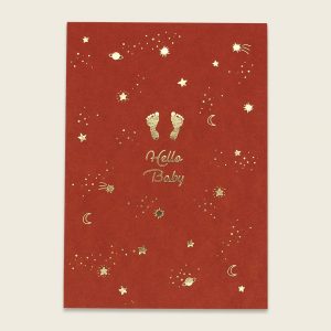 Ava&Yves Postkarte Sterne und Planeten, rost mit Goldfolie – Hello Baby