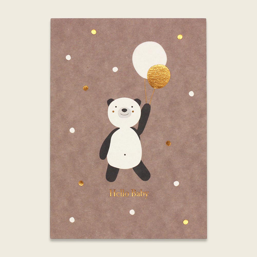 Ava&Yves Postkarte Panda mit Luftballons, Kupferfolie, rosé – Hello Baby