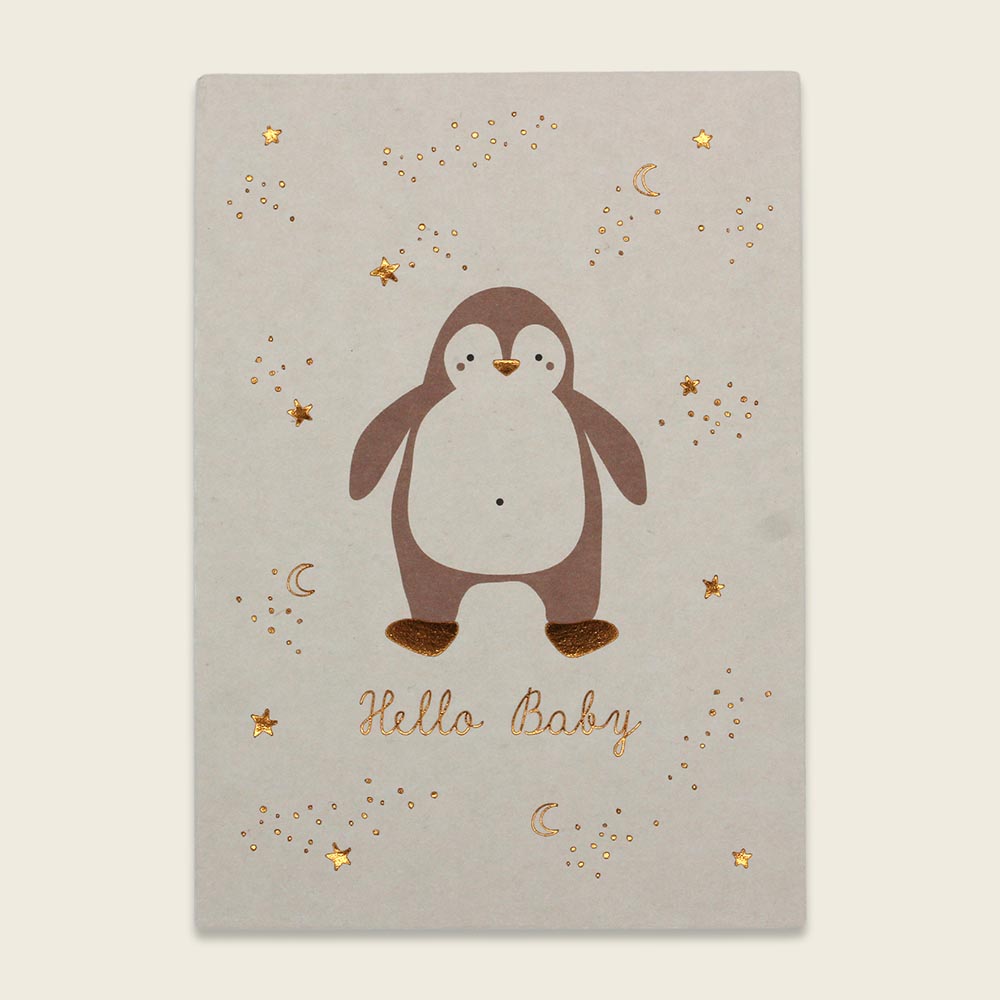 Ava&Yves Postkarte Pinguin, Kupferfolie, rosé – Hello Baby