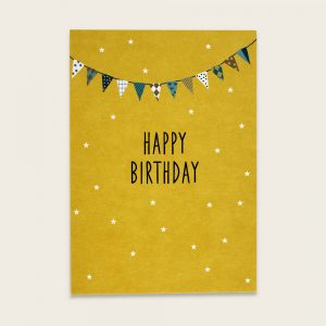 ava&yves Postkarte Fähnchen, gelb – Happy Birthday