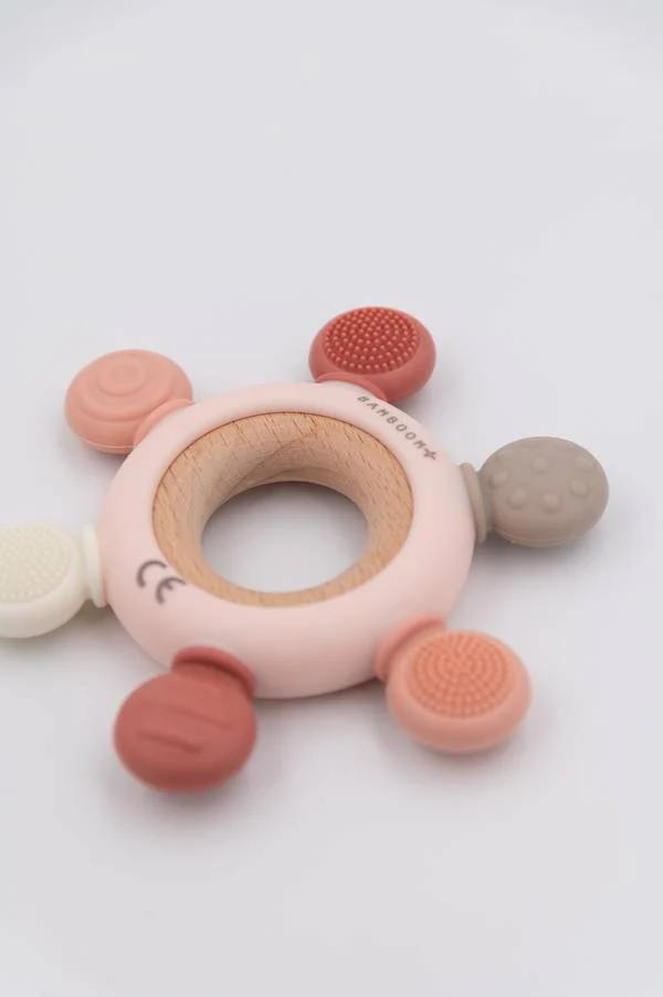 Bamboom Beißring aus Holz und Silikon - ROSA